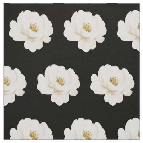 White Peony Watercolor Black Fabric