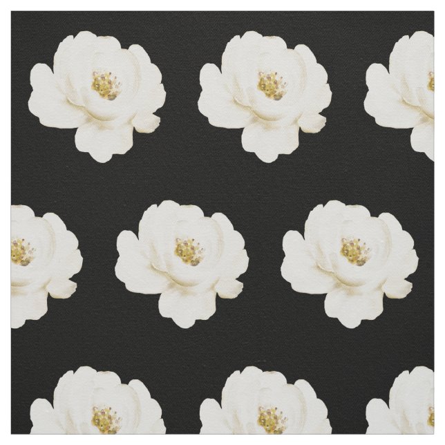 White Peony Watercolor Black Fabric (Swatch)