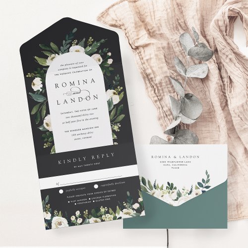 White Peony  Watercolor Floral Arch Wedding All In One Invitation