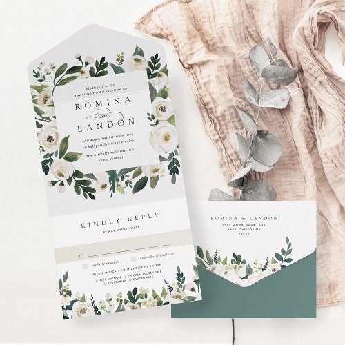 White Peony  Watercolor Floral Frame Wedding All In One Invitation