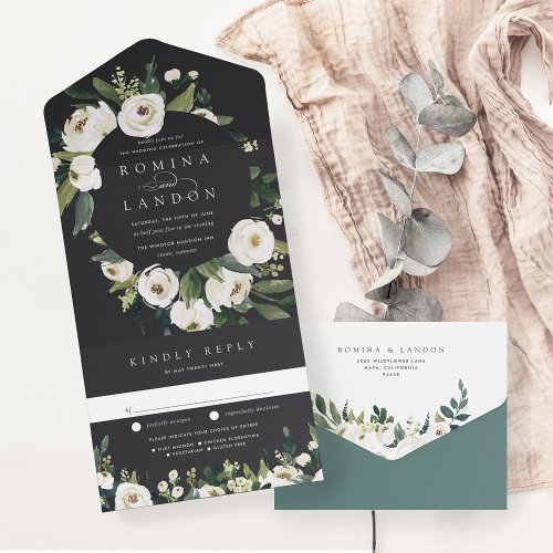 White Peony  Watercolor Floral Frame Wedding All In One Invitation