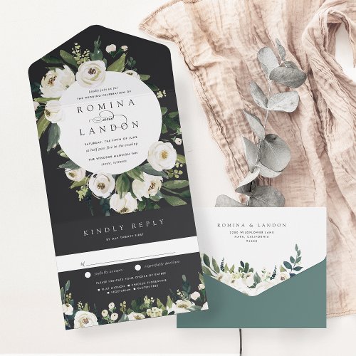 White Peony  Watercolor Floral Frame Wedding All In One Invitation