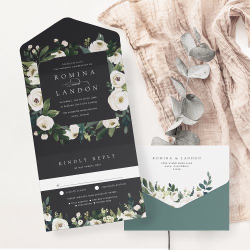 White Peony  Watercolor Floral Frame Wedding All In One Invitation