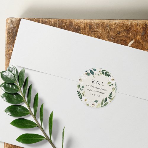 White Peony  Watercolor Floral Return Address Classic Round Sticker