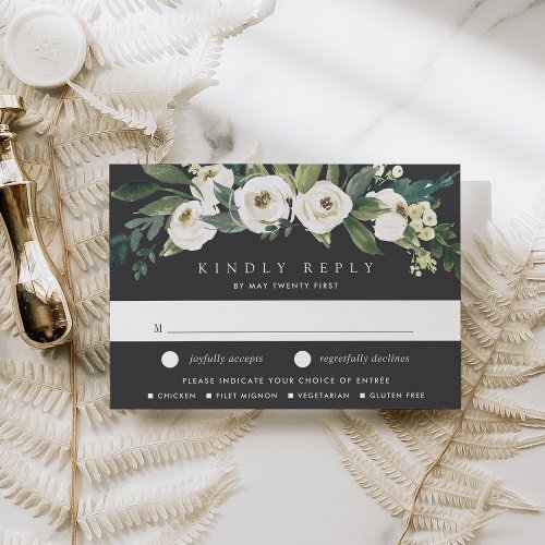 White Peony Watercolor Floral Wedding Meal Choice RSVP Card