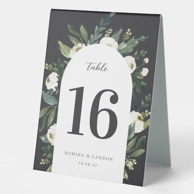 White Peony Watercolor Floral Wedding Table Number Tent (Front)