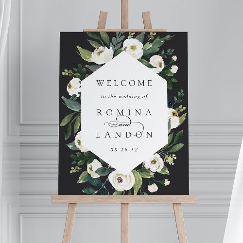 White Peony Watercolor Floral Wedding Welcome Sign