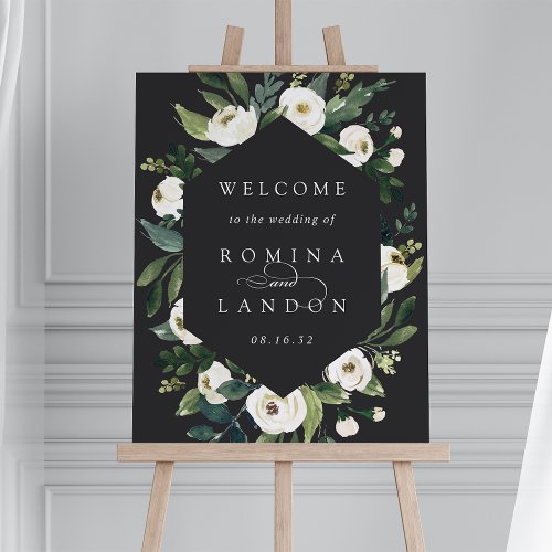 White Peony Watercolor Floral Wedding Welcome Sign