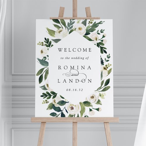 White Peony Watercolor Floral Wedding Welcome Sign