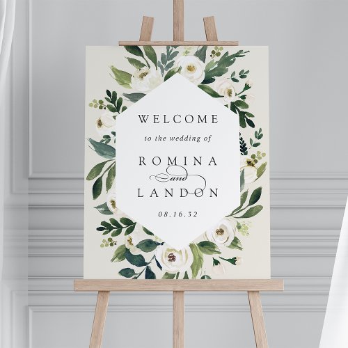 White Peony Watercolor Floral Wedding Welcome Sign