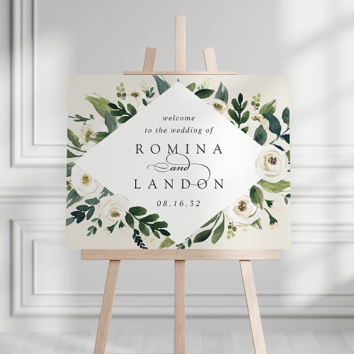 White Peony Watercolor Floral Wedding Welcome Sign