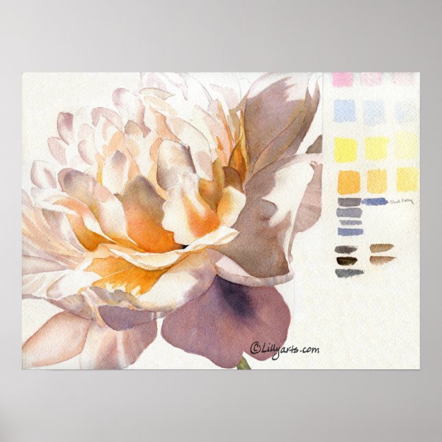 White Peony Watercolor Poster Print with Palette (Front)
