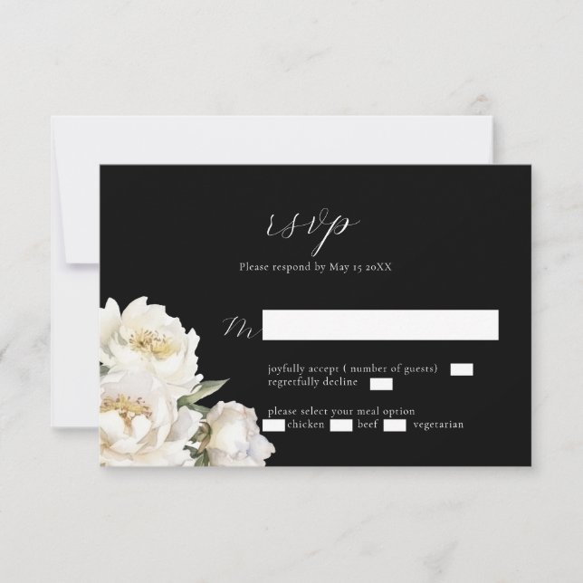 White Peony Wedding Black RSVP Card (Front)