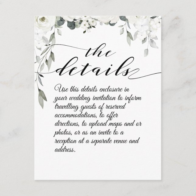 White Peony Wedding Details Enclosure Card (Front)