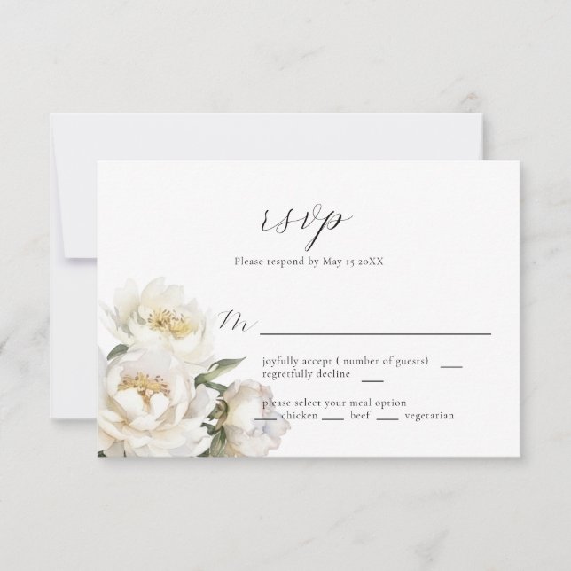 White Peony Wedding RSVP Card (Front)