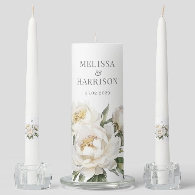 White Peony Wedding Unity Candle Set (Front)