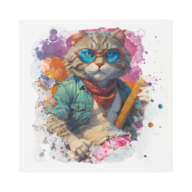 *~* White Percussionist Cool Cat AP91 DRUMMER Metal Print (Front)