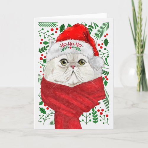 White Perisan Cat Santa Hat Meowy Christmas Holiday Card