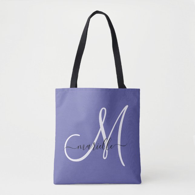 White Periwinkle Blue Girly Monogram Tote Bag (Front)