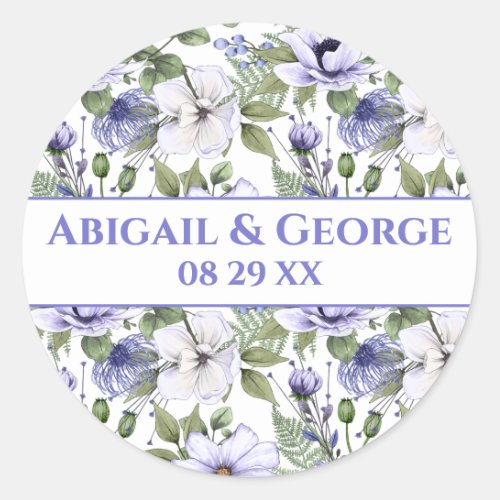 White Periwinkle Florals Purple Wedding Favor Classic Round Sticker