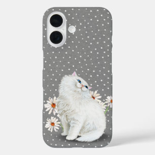 White Persian Cat and Daisies iPhone 16 Case