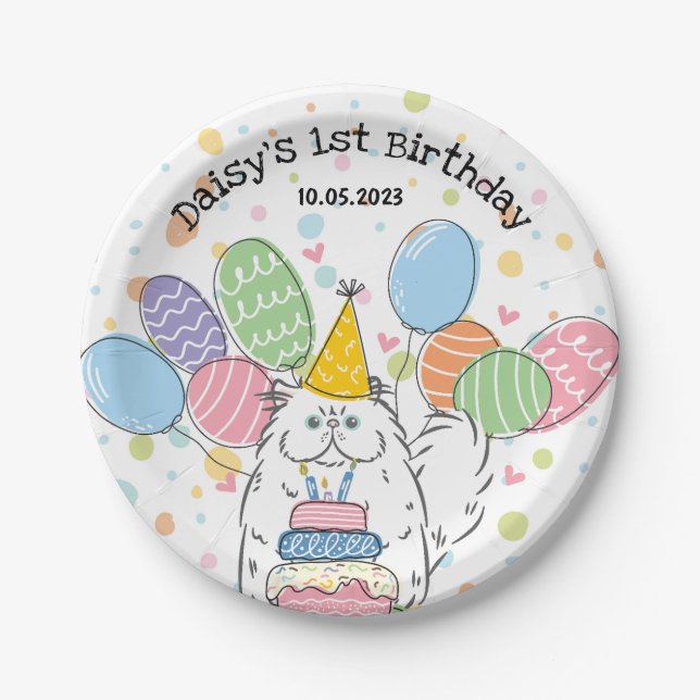 White Persian Cat Birthday Party Paper Plates (Front)