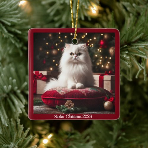 White Persian Cat Christmas Ceramic Ornament