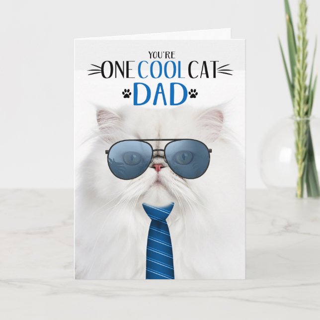 White Persian Cat Father's Day One Cool Cat Holiday Card (Front)