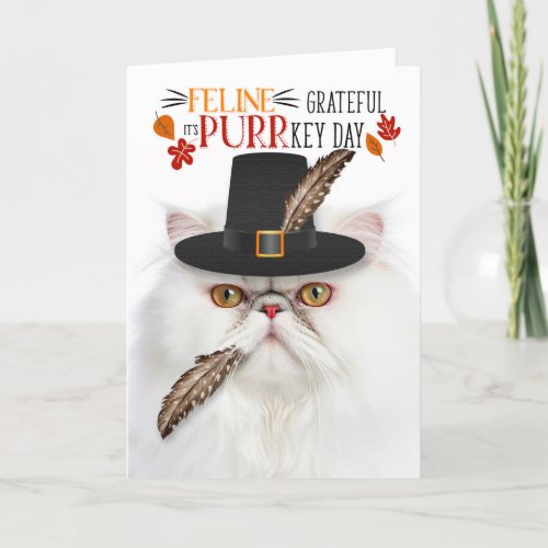 White Persian Cat Grateful for PURRkey Day Holiday Card