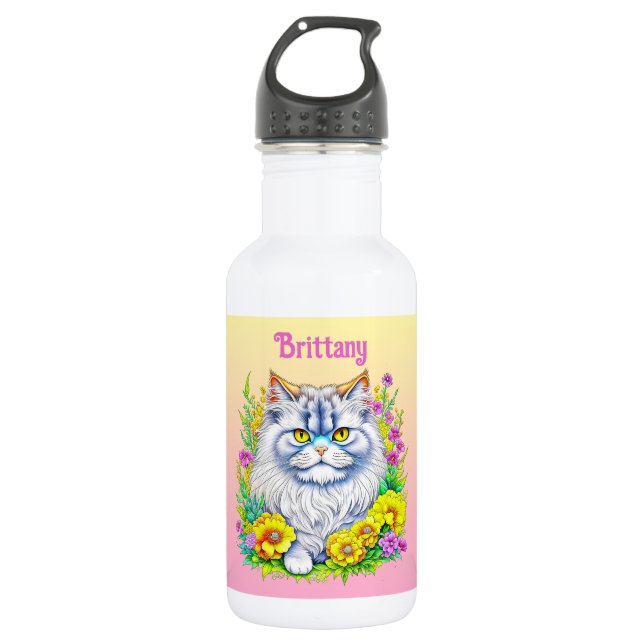 White Persian Cat in Flowers Personalized Stainless Steel Water Bottle (Front)
