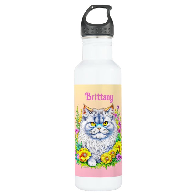 White Persian Cat in Flowers Personalized Stainless Steel Water Bottle (Front)