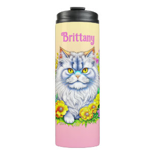 White Persian Cat in Flowers Personalized Thermal Tumbler