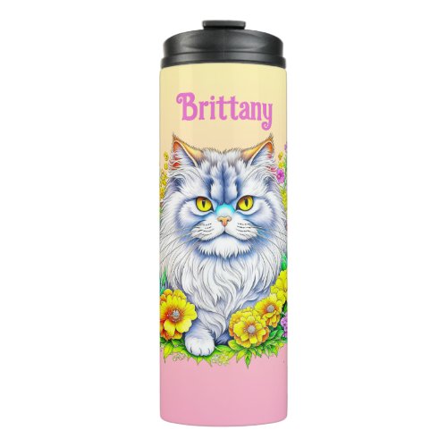 White Persian Cat in Flowers Personalized Thermal Tumbler