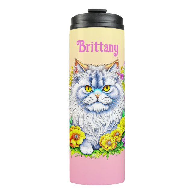 White Persian Cat in Flowers Personalized Thermal Tumbler (Front)