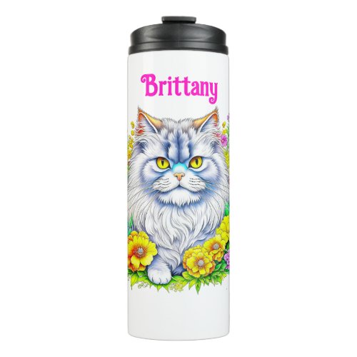 White Persian Cat in Flowers Personalized Thermal Tumbler