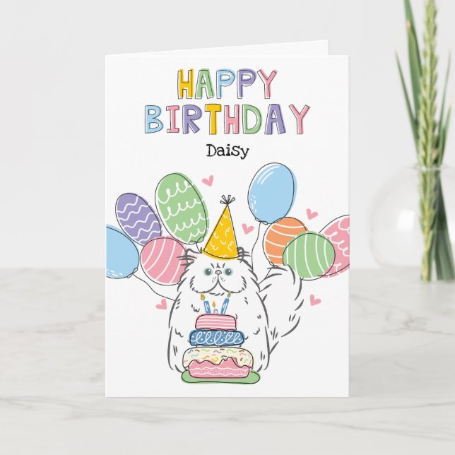 White Persian Cat Longhair Birthday Party Card (Front)