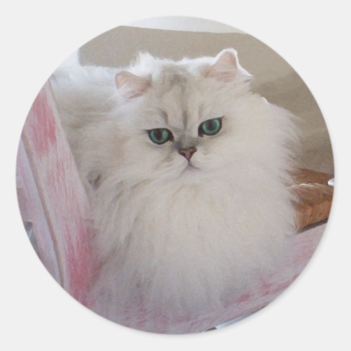White Persian Cat on a Pink Chair Classic Round Sticker