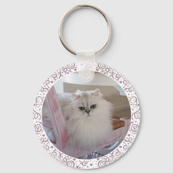 White Persian Cat On A Pink Chair Keychain by MaggieRossCats at Zazzle