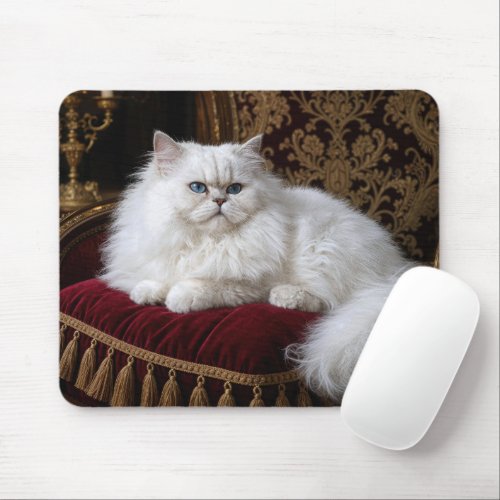 White Persian Cat on a Velvet Chair Cushion Mouse Pad