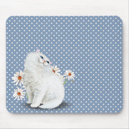 white Persian cat on pin dot pattern Mouse Pad