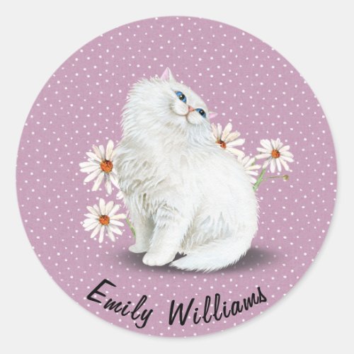 White Persian cat on pin dots Classic Round Sticker