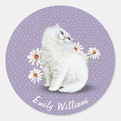White Persian cat on pin dots Classic Round Sticker