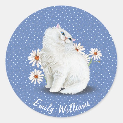 White Persian cat on pin dots Classic Round Sticker