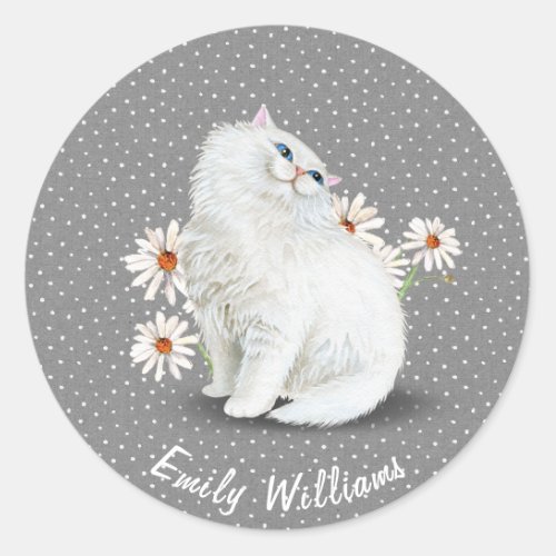 White Persian cat on pin dots Classic Round Sticker