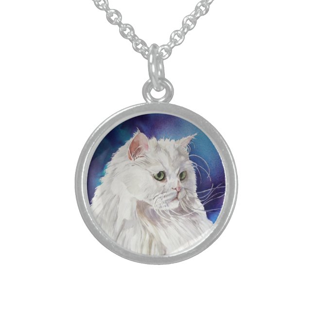 White Persian Cat Portrait Cat Lovers Necklace (Front)