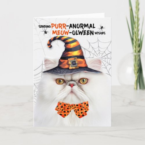 White Persian Cat PURRanormal MEOWolween Holiday Card