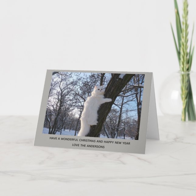 White Persian Cat Up a Tree Christmas Personalized Holiday Card (Front)