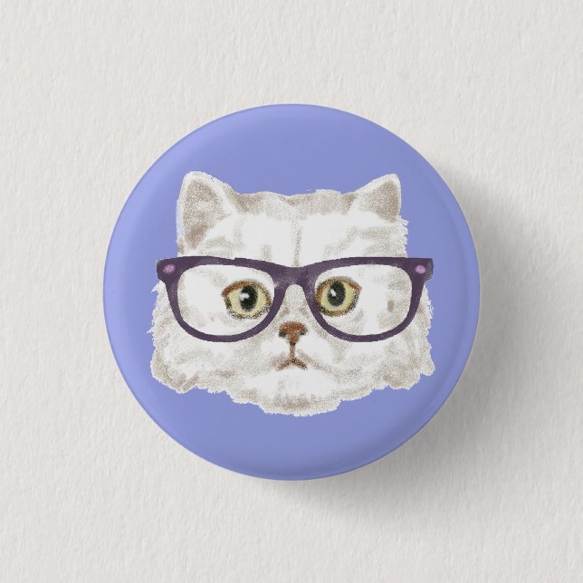 White Persian Cat Wearing Glasses Pinback Button (Front)