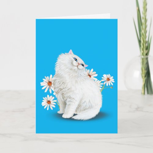 white Persian cat with daisies Card