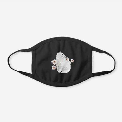 white Persian cat with daisy Black Cotton Face Mask